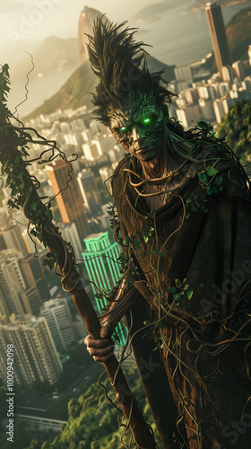 A mystical tree guardian with glowing green eyes and vines, towering over a cityscape at sunset