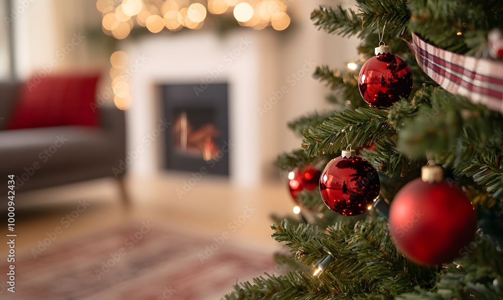 Christmas Tree Decorated With Red Ornaments And A Plaid Ribbon, Generative AI Christmas Tree Decorated With Red Ornaments And A Plaid Ribbon, Generative AI