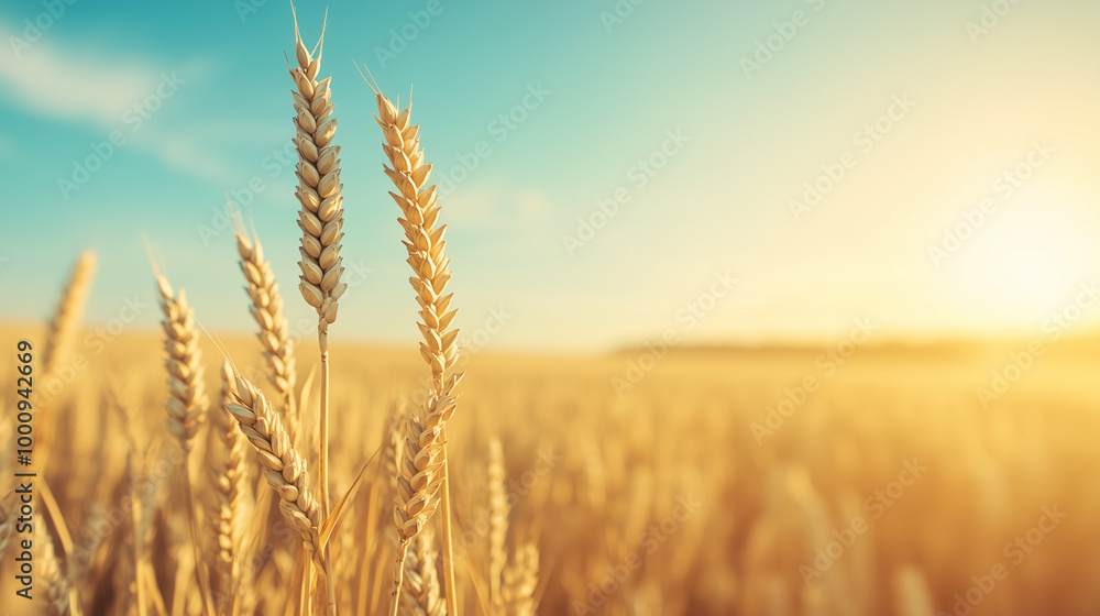 A field of wheat with a bright sun in the background A field of wheat with a bright sun in the background