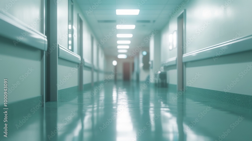 A long hallway with a green wall and a white floor A long hallway with a green wall and a white floor