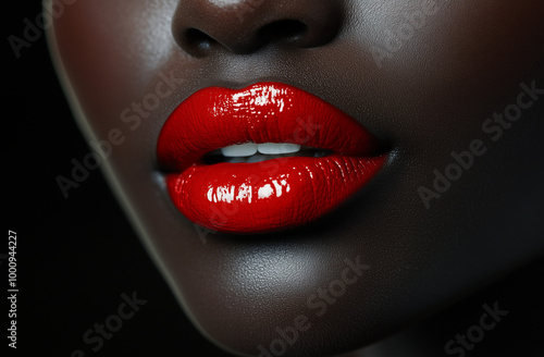 Close-up images of glossy red lips on dark skin. The photos emphasize the vibrant, shiny lipstick and the contrast against the model's skin. The dramatic effect showcases the elegance and boldness of 