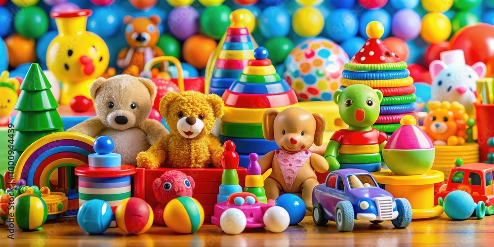 An array of bright children's toys showcased on a colorful background, inspiring creativity and excitement during playtime activities and adventures. An array of bright children's toys showcased on a colorful background, inspiring creativity and excitement during playtime activities and adventures.