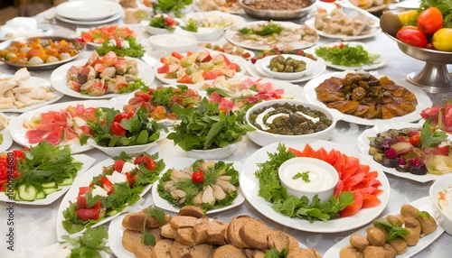 Delectable spread of traditional Georgian cuisine artfully arranged on a long dining table