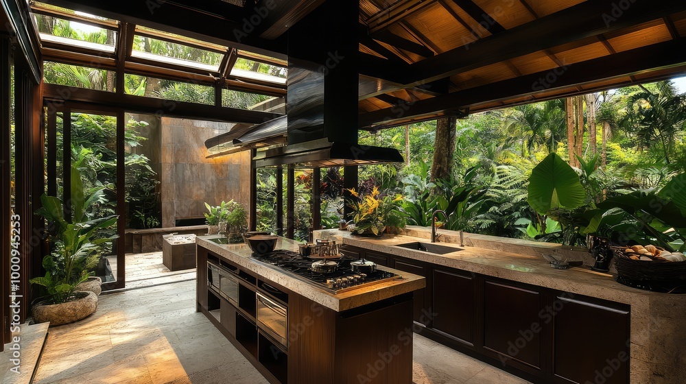 A modern Balinese kitchen, with dark wood cabinetry, stone countertops, and an open-air design surrounded by tropical plants and natural stone floors A modern Balinese kitchen, with dark wood cabinetry, stone countertops, and an open-air design surrounded by tropical plants and natural stone floors
