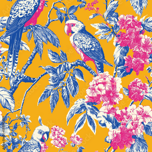 A vibrant Toile de Jouy seamless pattern in bright, bold colors with tropical birds and flowers photo