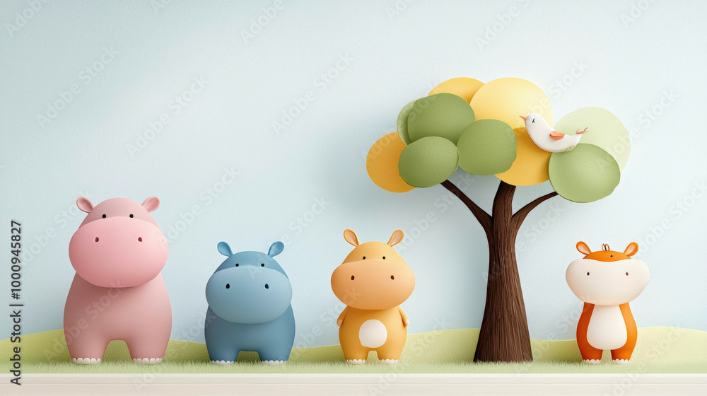 Naklejka premium Four cute hippos stand in a line on a grassy hill, next to a tree with soft, rounded leaves. A bird rests on the tree, creating a peaceful and heartwarming scene.
