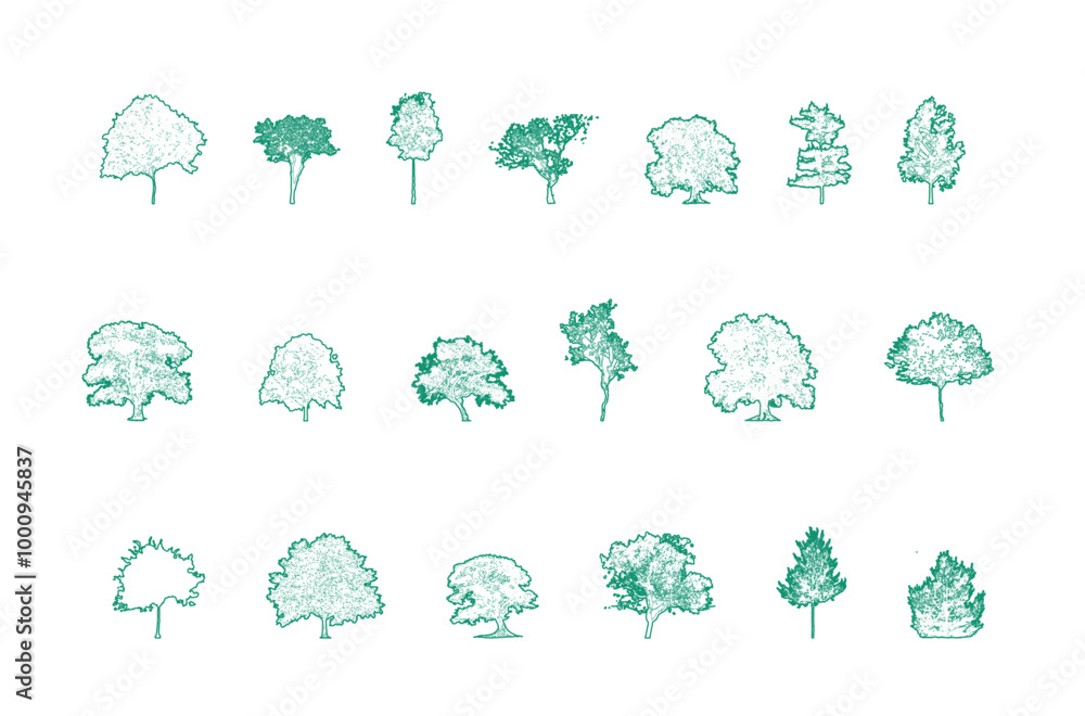 Minimal style cad tree line drawing, Side view, set of graphics trees ...
