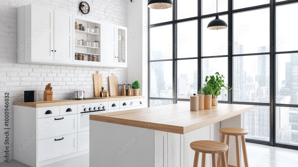 A modern Scandinavian apartment kitchen, featuring sleek white cabinetry, natural wood countertops, and large windows overlooking the city skyline A modern Scandinavian apartment kitchen, featuring sleek white cabinetry, natural wood countertops, and large windows overlooking the city skyline