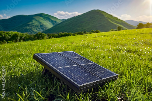 Realistic outdoor solar cell electric power generate panel system in grass field ground with mountain and blue cloud sky background landscape in concept of eco power and sustainablility photo