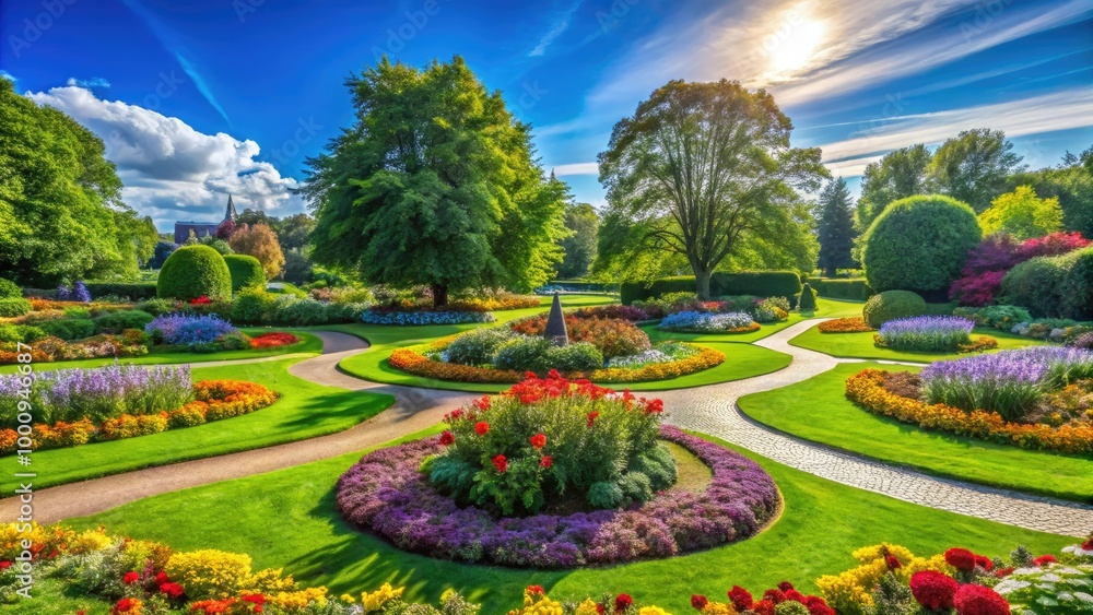 Fototapeta premium A tranquil park adorned with vibrant flowers, lush greenery, and a vast clear blue sky invites peaceful moments and leisurely strolls in nature's beauty.