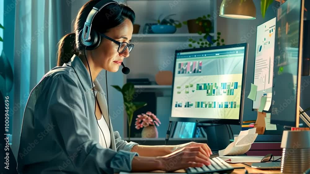 Woman with headphones working on computer at home office during the night Woman with headphones working on computer at home office during the night