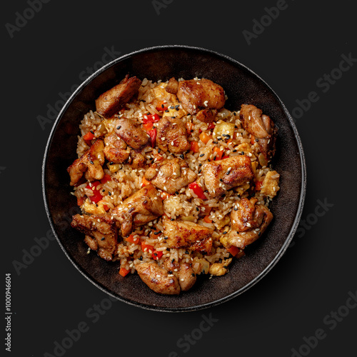 Traditional Asian dish seafood salad, rice, wok, top view, dark background