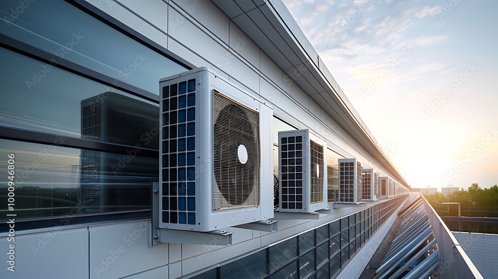 Fototapeta premium A cooling machine placed on the walls over a backdrop of the clear sky