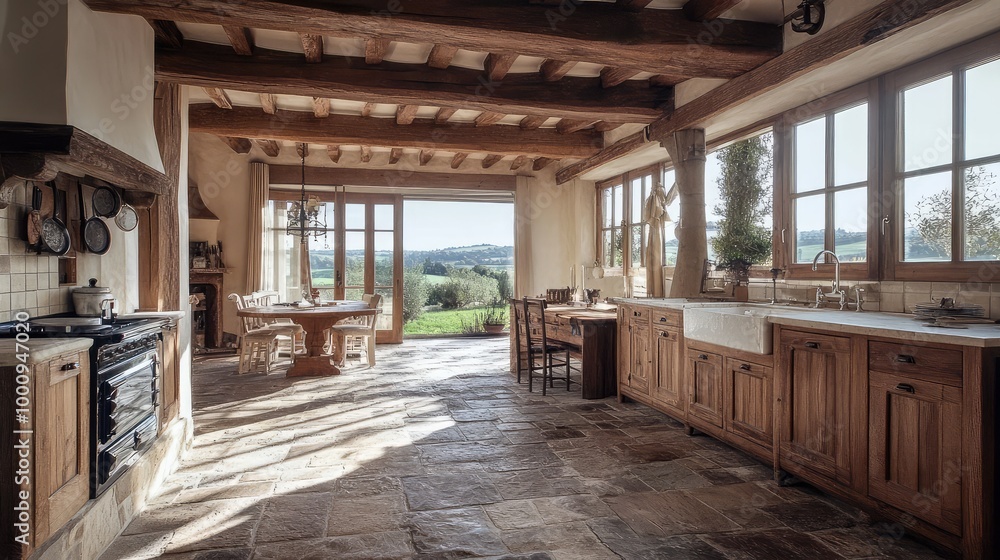 A rustic French farmhouse kitchen, featuring stone floors, wooden beams, and a large hearth, framed by windows overlooking rolling hills A rustic French farmhouse kitchen, featuring stone floors, wooden beams, and a large hearth, framed by windows overlooking rolling hills