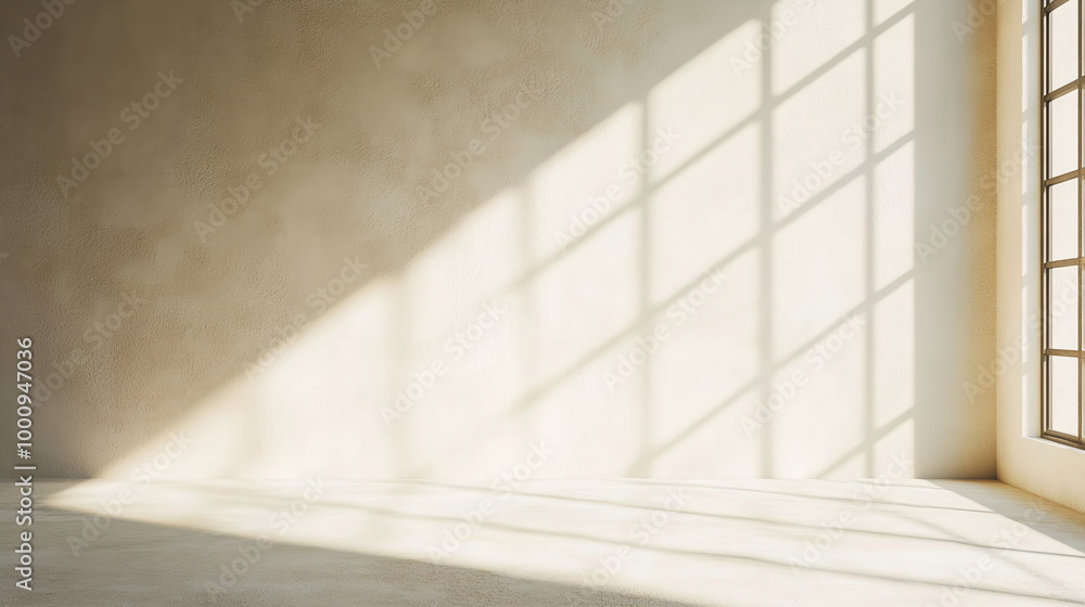 Soft light casting long shadows from a window on a beige wall. Sun rays filter into a minimalist empty room. Light texture on the wall surface. Minimalistic layout template for product presentation Soft light casting long shadows from a window on a beige wall. Sun rays filter into a minimalist empty room. Light texture on the wall surface. Minimalistic layout template for product presentation
