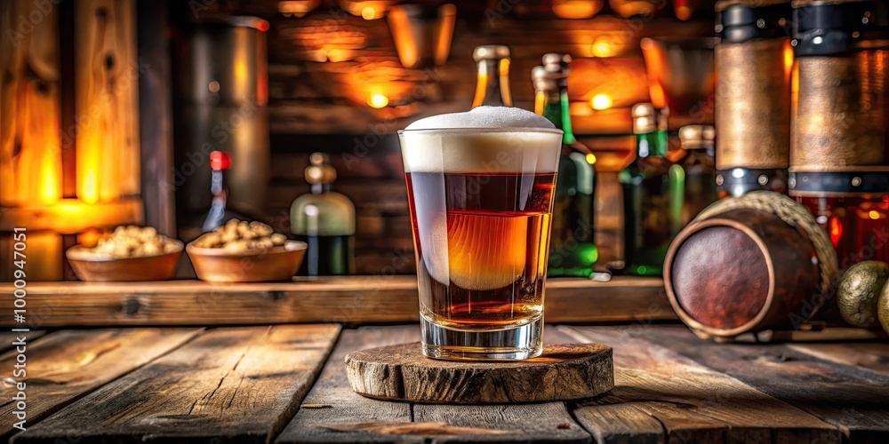 A vibrant car bomb drink featuring layered beer and a whiskey shot, elegantly served on a rustic wooden bar, inviting a bold, spirited experience. A vibrant car bomb drink featuring layered beer and a whiskey shot, elegantly served on a rustic wooden bar, inviting a bold, spirited experience.