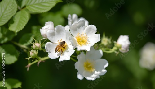 Honeybee in action on delicate white wild rose, capturing the essence of natures pollination dance