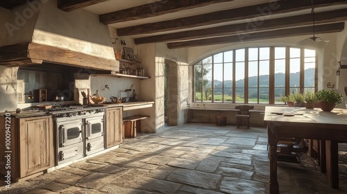 A rustic French farmhouse kitchen, featuring stone floors, wooden beams, and a large hearth, framed by windows overlooking rolling hills