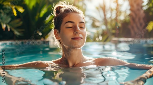 A woman is swimming in a pool and appears to be enjoying herself