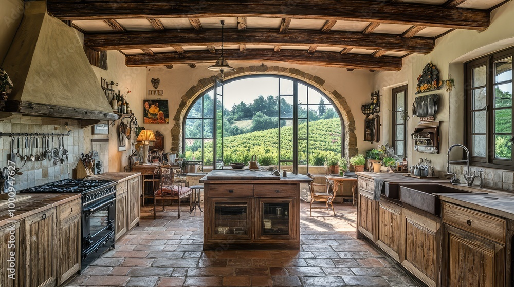 A rustic Italian country kitchen, featuring stone floors, wooden beams, and a large hearth, framed by arched windows overlooking vineyards
