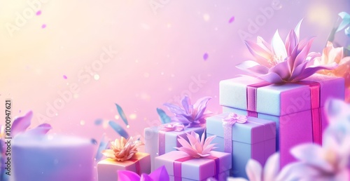 Pastel gift boxes with blossoms on soft gradient background photo