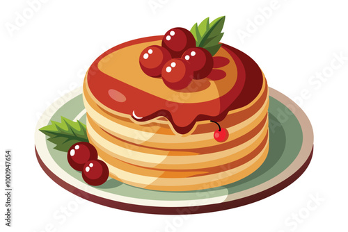 Christmas Pancakes with Cranberry and Maple Syrup Topping, illustration on white background.