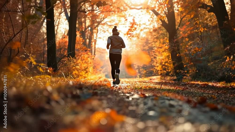Person jogging on a scenic autumn path with golden sunlight and colorful leaves Person jogging on a scenic autumn path with golden sunlight and colorful leaves