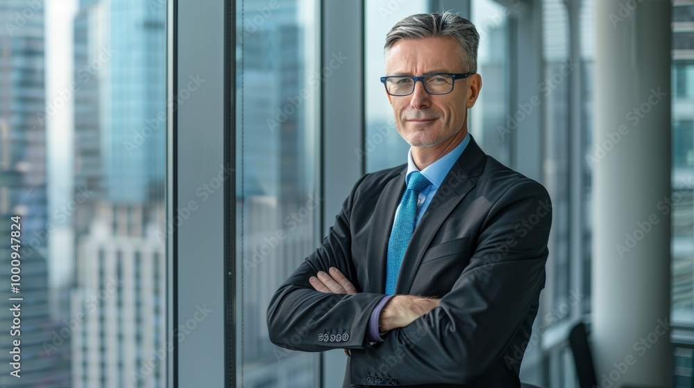 Fototapeta premium Confident senior manager in a high-rise office, dressed in a black suit and blue tie