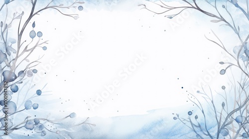 Elegant Watercolor Floral Frame with Blue Leaves and Branches. Serene Nature Themed Background