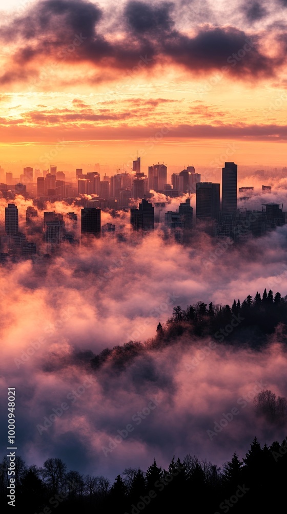 Fototapeta premium Sunrise Over City Skyline with Fog and Clouds