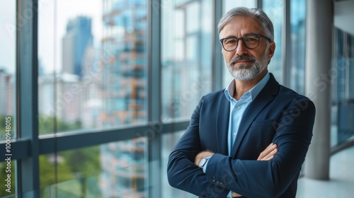 Experienced middle-aged business leader in a modern office, wearing a navy blue suit