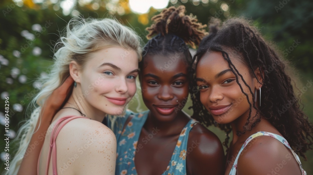 Friendly young women from different ethnic backgrounds, standing closely and smiling warmly Friendly young women from different ethnic backgrounds, standing closely and smiling warmly