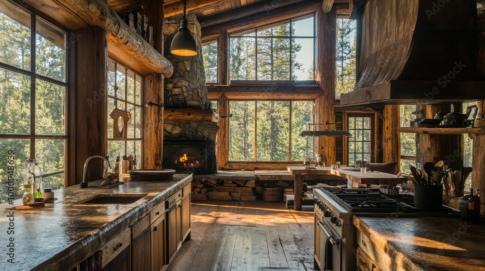 A rustic log cabin kitchen, with wooden floors, stone countertops, and a large hearth, framed by large windows with views of the forest A rustic log cabin kitchen, with wooden floors, stone countertops, and a large hearth, framed by large windows with views of the forest