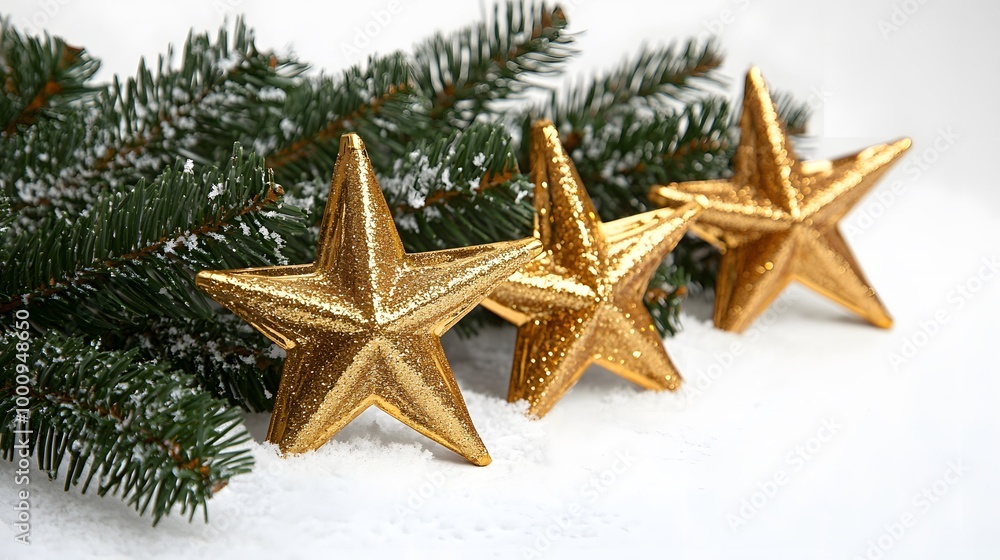 Golden Stars Christmas Decoration With Pine Branches And Snow On White Background, Generative AI Golden Stars Christmas Decoration With Pine Branches And Snow On White Background, Generative AI