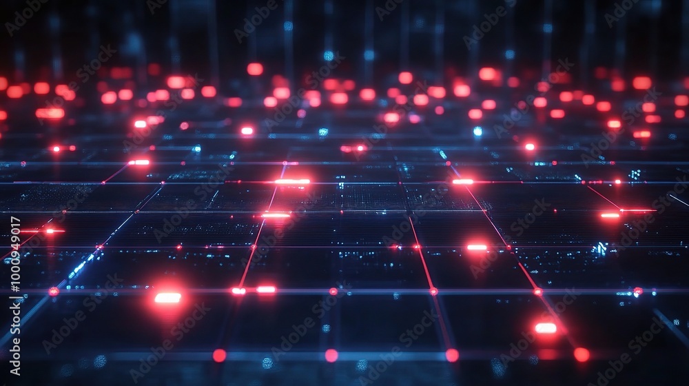 Fototapeta premium Futuristic Digital Grid with Red and Blue Lights