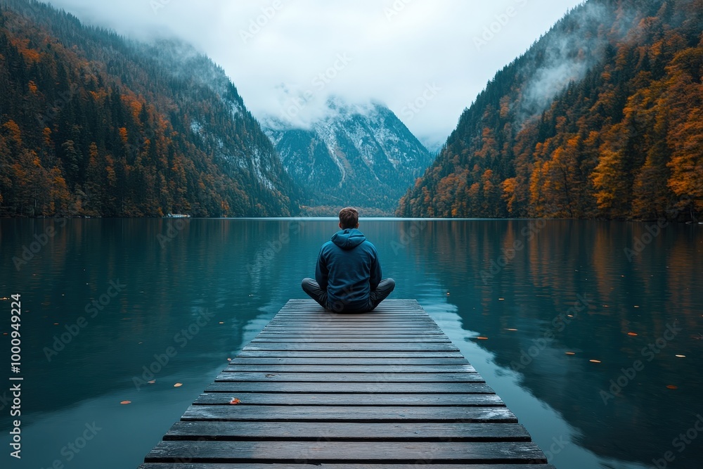 A solitary individual is seated on a wooden dock, reflecting beside a calm lake amidst scenic autumn mountains, showcasing tranquility and introspection in nature. A solitary individual is seated on a wooden dock, reflecting beside a calm lake amidst scenic autumn mountains, showcasing tranquility and introspection in nature.
