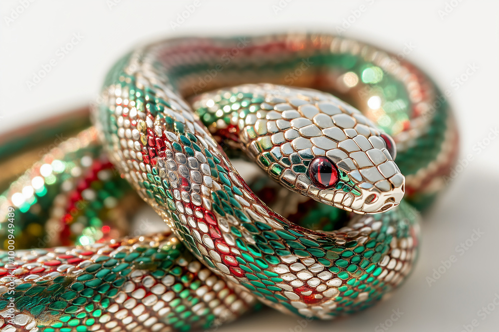 Coiled metallic snake with red and green scales and reflective eyes Coiled metallic snake with red and green scales and reflective eyes