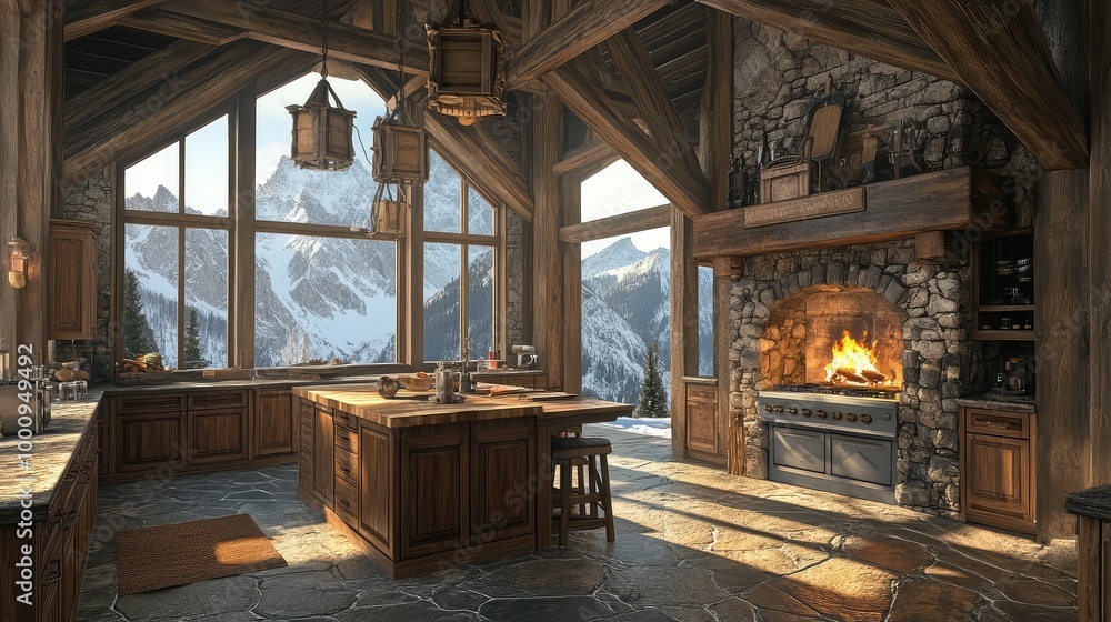Fototapeta premium A rustic mountain lodge kitchen, with stone floors, wooden cabinetry, and a large hearth, framed by windows with views of the snow-covered peaks