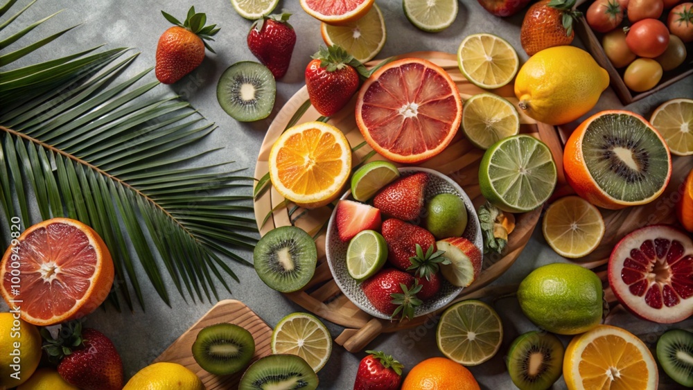 Flat view mixing different of fruits oranges, kiwi, lime, strawberries, lemon isolated on background, Summer tropical Exotic fruits. Flat view mixing different of fruits oranges, kiwi, lime, strawberries, lemon isolated on background, Summer tropical Exotic fruits.