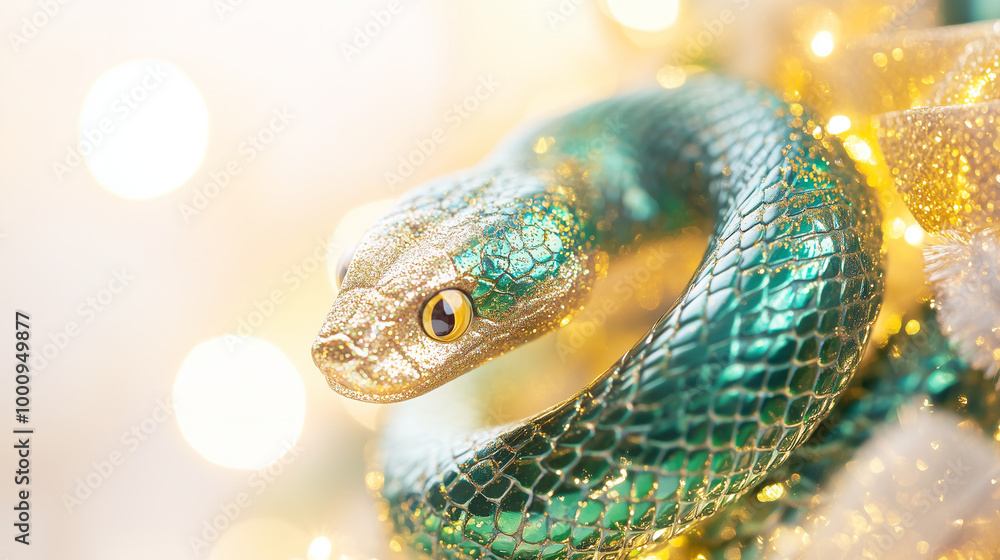 Glittering Green Snake with Golden Scales in Festive Light Glittering Green Snake with Golden Scales in Festive Light