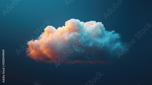 Fluffy cumulonimbus cloud illuminated by golden light on blue background