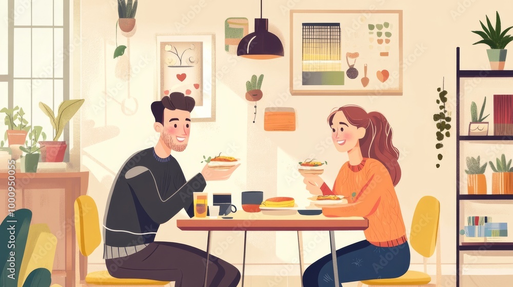 Couple eats breakfast happily. Couple eats breakfast happily.