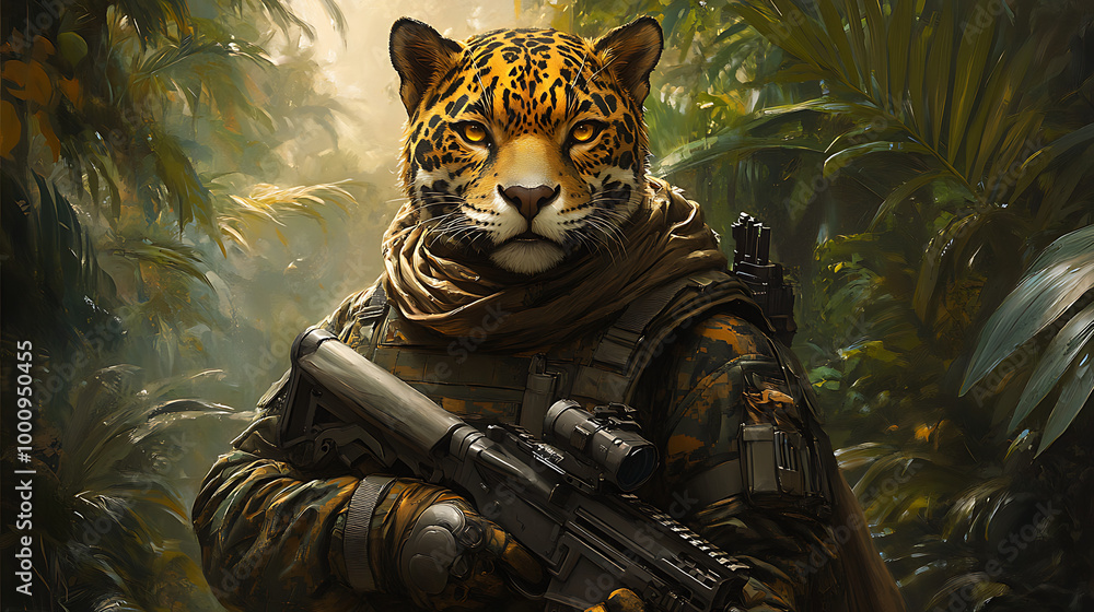 A humanized leopard stands in the jungle, wearing a bulletproof vest and holding a rifle, showcasing a unique blend of wildlife and adventure.
A humanized leopard stands in the jungle, wearing a bulletproof vest and holding a rifle, showcasing a unique blend of wildlife and adventure.
