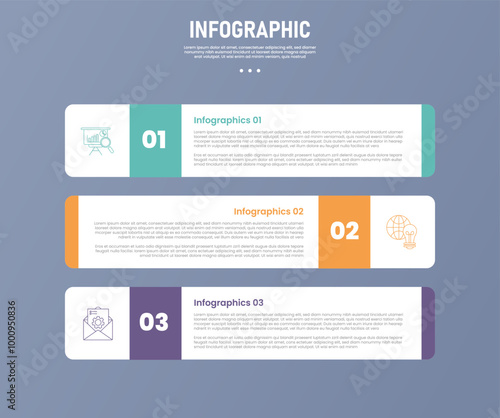 3 point round rectangle infographic stage or step template with container box and badge with opposite position for slide presentation