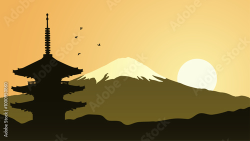 Japan. Vector background with silhouette of a Japanese shrine in front and mountain behind. Beautiful landscape with Mount Fuji, ancient pagoda, sunrise, birds. Top attractions. Travel illustration