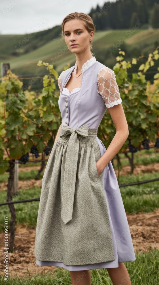 Elegant Model in a Lavender and Green Dress Surrounded by Vineyards Elegant Model in a Lavender and Green Dress Surrounded by Vineyards