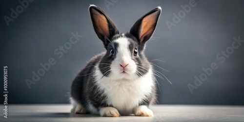 Elegant black and white bunny sits gracefully on a soft cushion, displaying captivating expressions that radiate charm, warmth, and delightful personality all around.