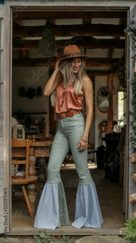 Bohemian-Inspired Fashion: Model in Flared Pastel Pants and Silk Top