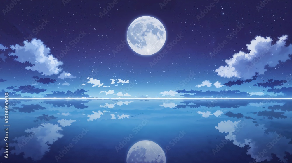 Fototapeta premium Anime-Style Night Landscape Serene Full Moon Illuminating Calm Water, Starry Sky, and Reflective Clouds