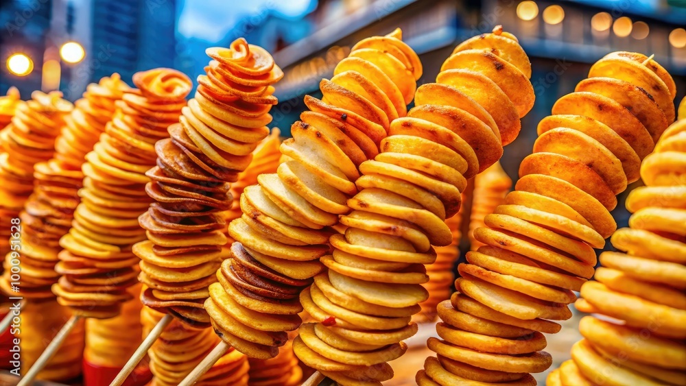 Enjoy a delicious spiral potato snack on a stick, perfect for fairs or